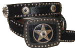 Black Ladies Cowhide Belt with Silver starburst Conchos with Black stone accents by SSM belts.