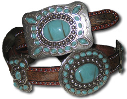Brindle Cowhide Belt  w/ Nailhead Trim & Turquoise Stone Conchos