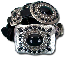 Black Leather Belt w/ Onyx Stone Butterflies and Conchos