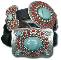 Black Leather Belt w/Turquoise & Coral Stone Butterflies & Conchos